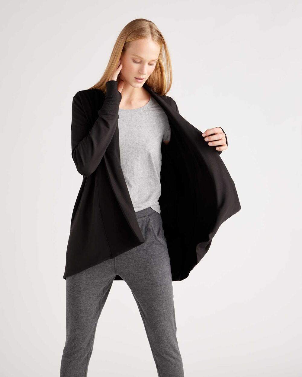 Quince Black Coton French Terry Modal Open Front Lonh Sleeve Casual Cardigan XL